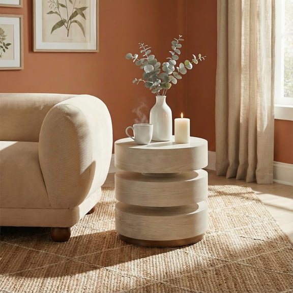 Laha Side Table Oak White End Table, Modern Style, Wood Veneer MDF round shape tabletop, MDF, Indoor Living