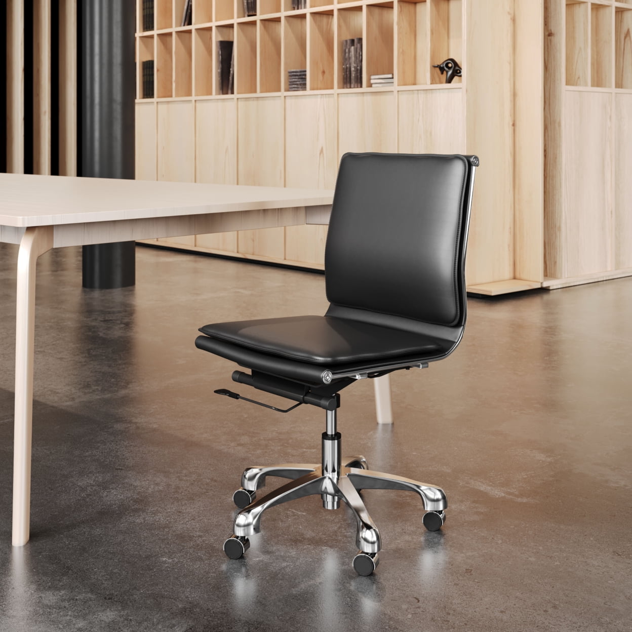 Gray Leather Armless Swivel Desk Chair with Metal Frame