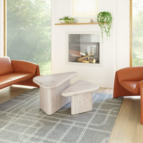 Navidic Coffee Table Set (2-Piece) Whitewashed Coffee Table, Modern Style, Bleached Acacia Wood triangular shape tabletop, Acacia Wood, Indoor Living
