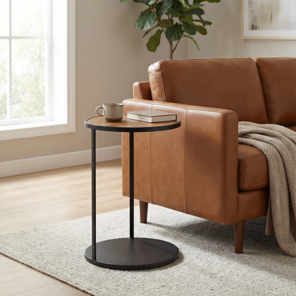 Nodo Side Table Brown & Black End Table, Modern Style, Burl Veneer MDF round shape tabletop, Iron, Indoor Living
