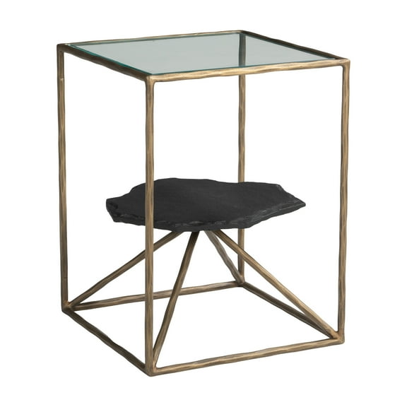Ranol Side Table Brass End Table, Modern Style, Glass, Natural Marble rectangular shape tabletop, Iron, Indoor Living