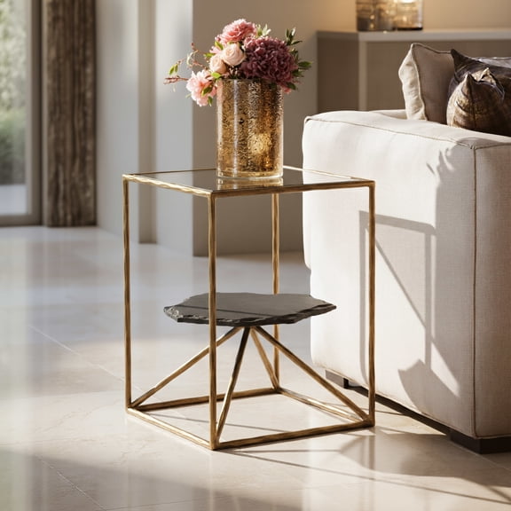 Ranol Side Table Brass End Table, Modern Style, Glass, Natural Marble rectangular shape tabletop, Iron, Indoor Living
