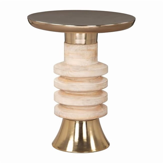 Ringar Side Table Gold & Natural End Table, Modern Style, Electroplated Iron round shape tabletop, Solid Mango Wood, Indoor Living