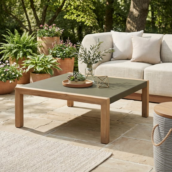 Teras Coffee Table Gray Coffee Table, Modern Style, Faux Concrete Duralcrete square shape tabletop, Acacia Wood, Outdoor Living