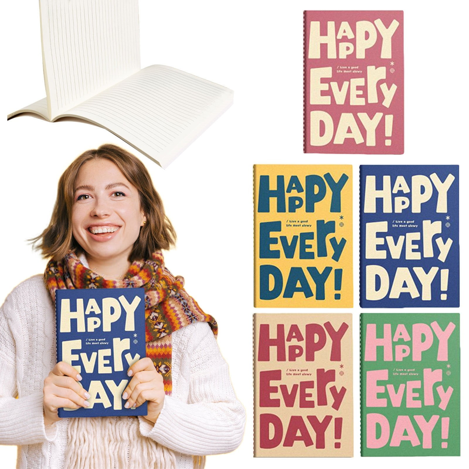 ZUOIK School Supplies Refillable Notebook 5PCS HAPPY EVERY DAY!Notebook Journals For Students And Writing Diary Subject Notebooks Planner With Thick Paper 8x5.5 Inch A5 Size Travel Journal Set