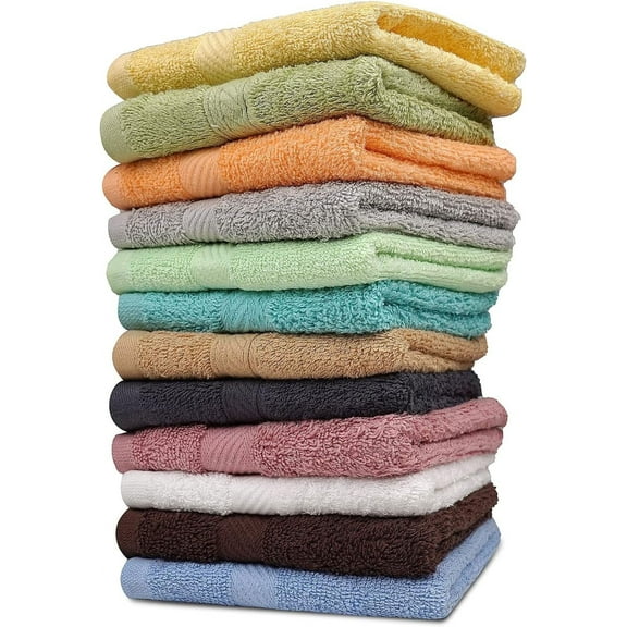 Zuperia 12-Pack Cotton Washcloths, 12" x 12" Soft, Absorbent Face Towels, Multicolor for Home & Gym