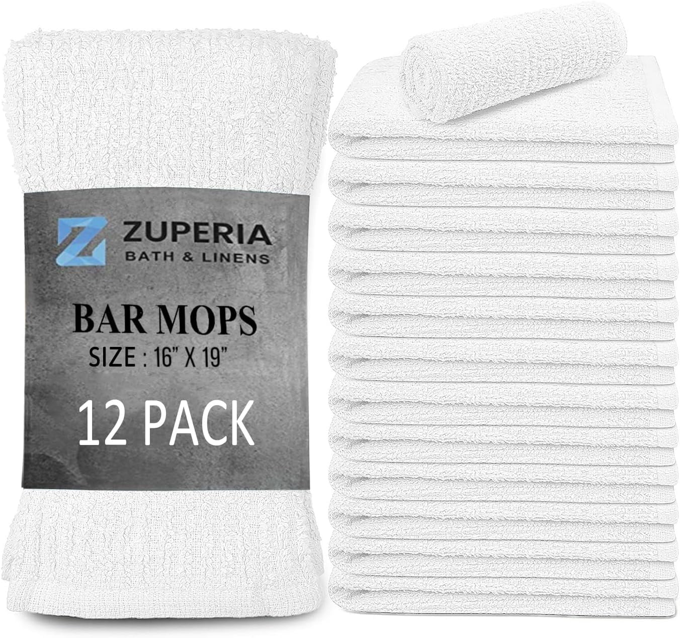 ZUPERIA Bar Mop Kitchen Towels 12 Pack (16"x19") Bar Mop Towels 100