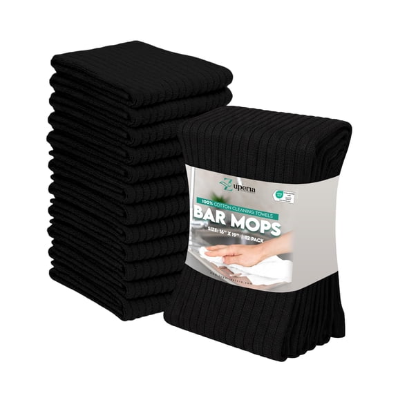 ZUPERIA Bar Mop Kitchen Towels 12 Pack, 100% Ring-Spun Cotton, Heavy Duty Absorbent Cleaning Towels, Machine Washable, Black