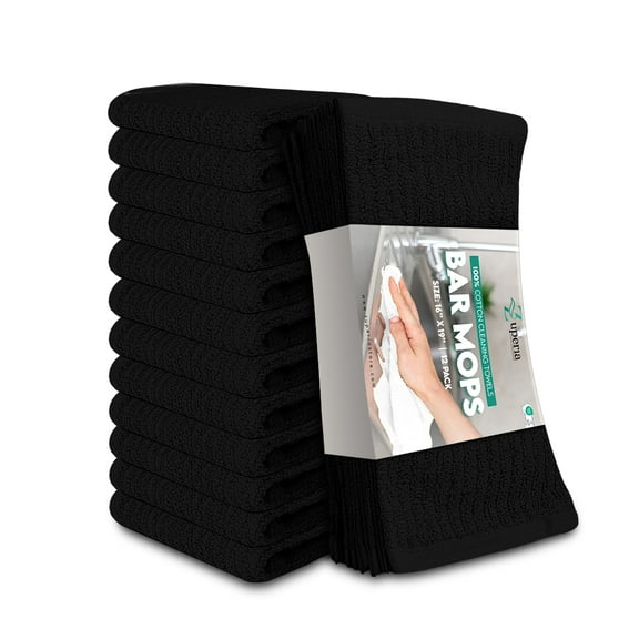 ZUPERIA Bar Mop Kitchen Towels - Pack of 12 (16"x19”) Ring Spun Cotton - Dish Washcloths For Superb Cleaning and Less Lint - Highly Absorbent Dish Cloths and Dish Towels For Everyday use (Black)
