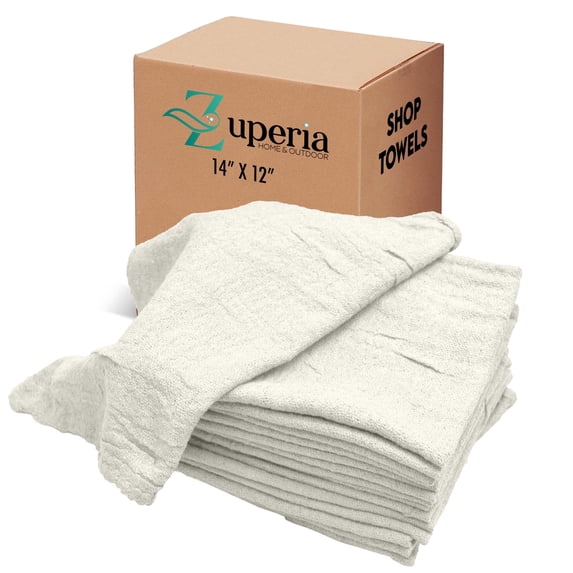 Zuperia 50-pack Shop Towels, (14" x 12" inches) Cotton Reusable Cleaning Rags, Multipurpose Garage and Automotive Cloths, (White)