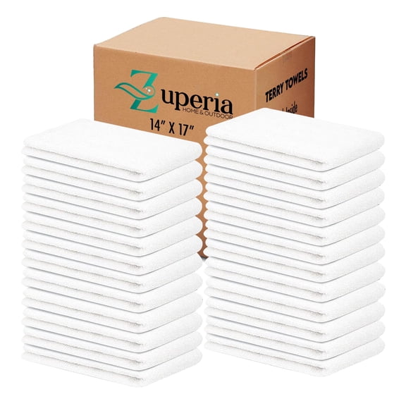 ZUPERIA Cotton Terry Bar Mop Towels, pack of 60, 14 x 17 in, White Absorbent Cleaning Cloths for Home & Garage