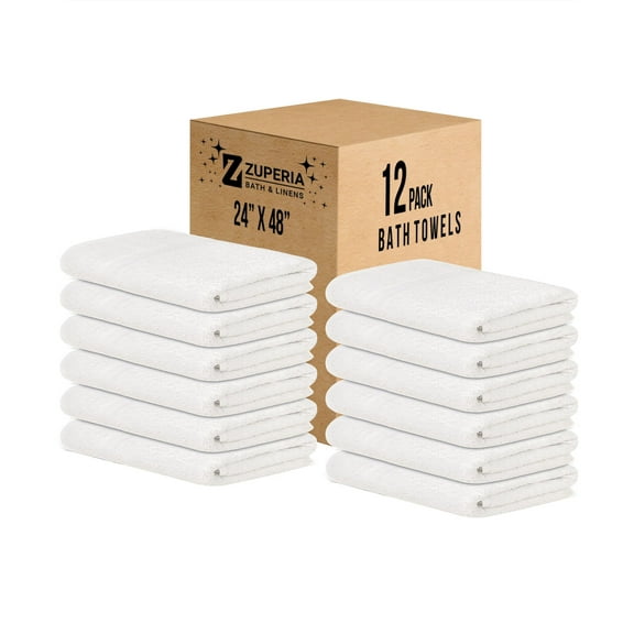 ZUPERIA White Bath Towels, 12-Pack (24x48), 100% Cotton, Lightweight, Quick-Dry, Soft & Absorbent, Ideal for Hotels, Gyms & Commercial Use
