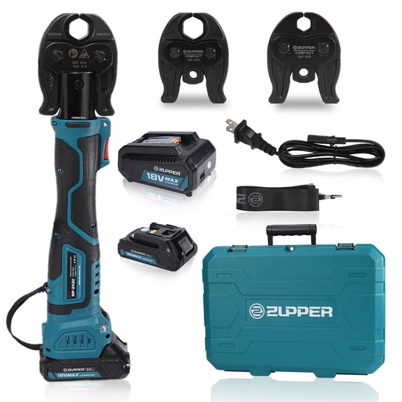 ZUPPER Pro Press Copper Crimper Tool with 3 Pro Press Jaws 1/2" 3/4 1", Compact Propress Tool for Copper Pipe, Brushless Motor 18V Electric Press Tool with 2pcs 2Ah Battery