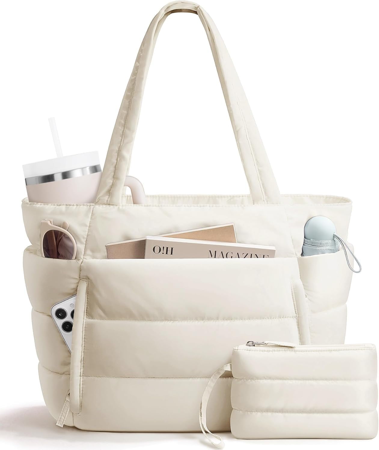 ZUTOYBOLIN Puffer Tote Bag for Women, Lightweight Puffy Work Handbag Teacher Nurse Quilted Shoulder , Daily College Bags, 15.6" Computer Bag, Clinical Nursing Bag, Ideal Gift for Women. Cream