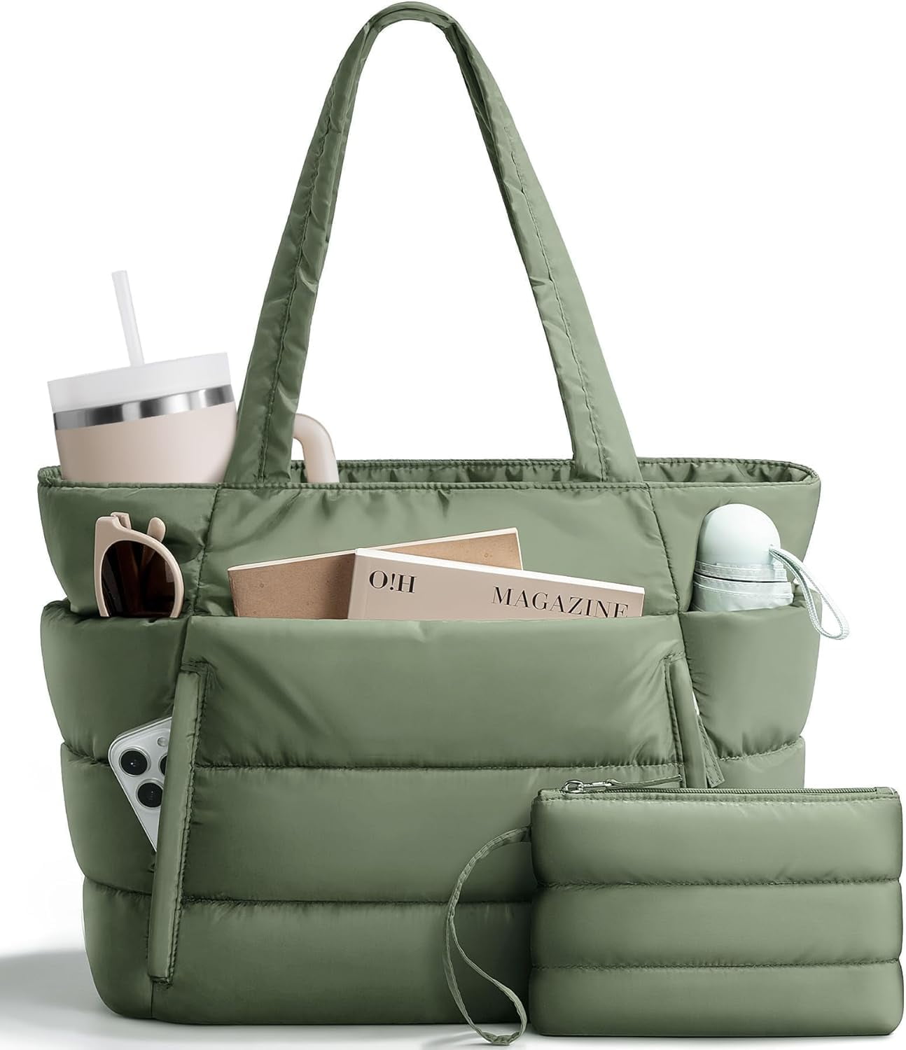 ZUTOYBOLIN Puffer Tote Bag for Women, Lightweight Puffy Work Handbag Teacher Nurse Quilted Shoulder , Daily College Bags, 15.6" Computer Bag, Clinical Nursing Bag, Ideal Gift for Women.Green