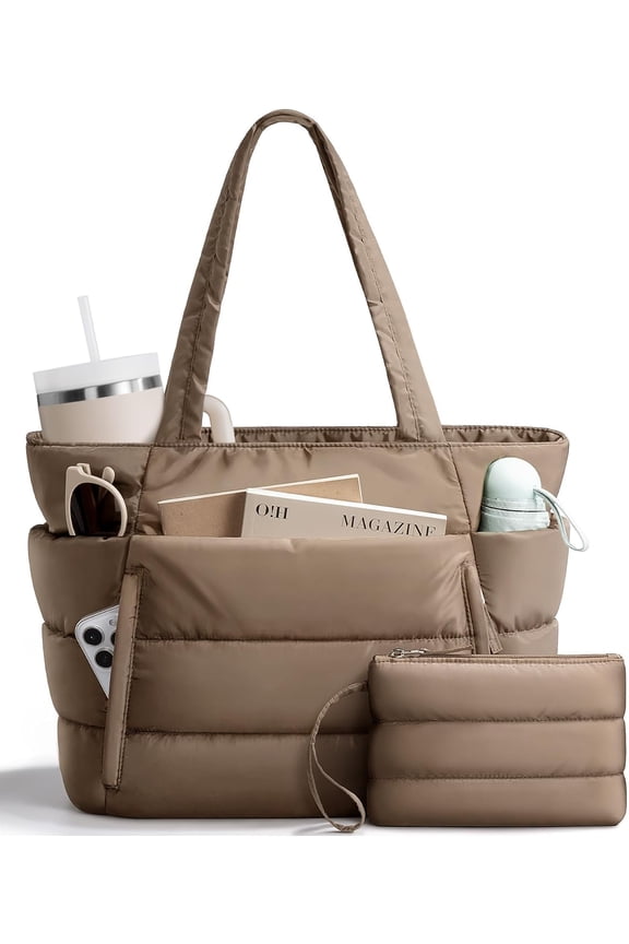 Puffer Tote Bag for Women, Lightweight Puffy Work Handbag Teacher Nurse Quilted Shoulder , Daily College Bags, 15.6" Computer Bag, Clinical Nursing Bag, Ideal Gift for Women.Khaki