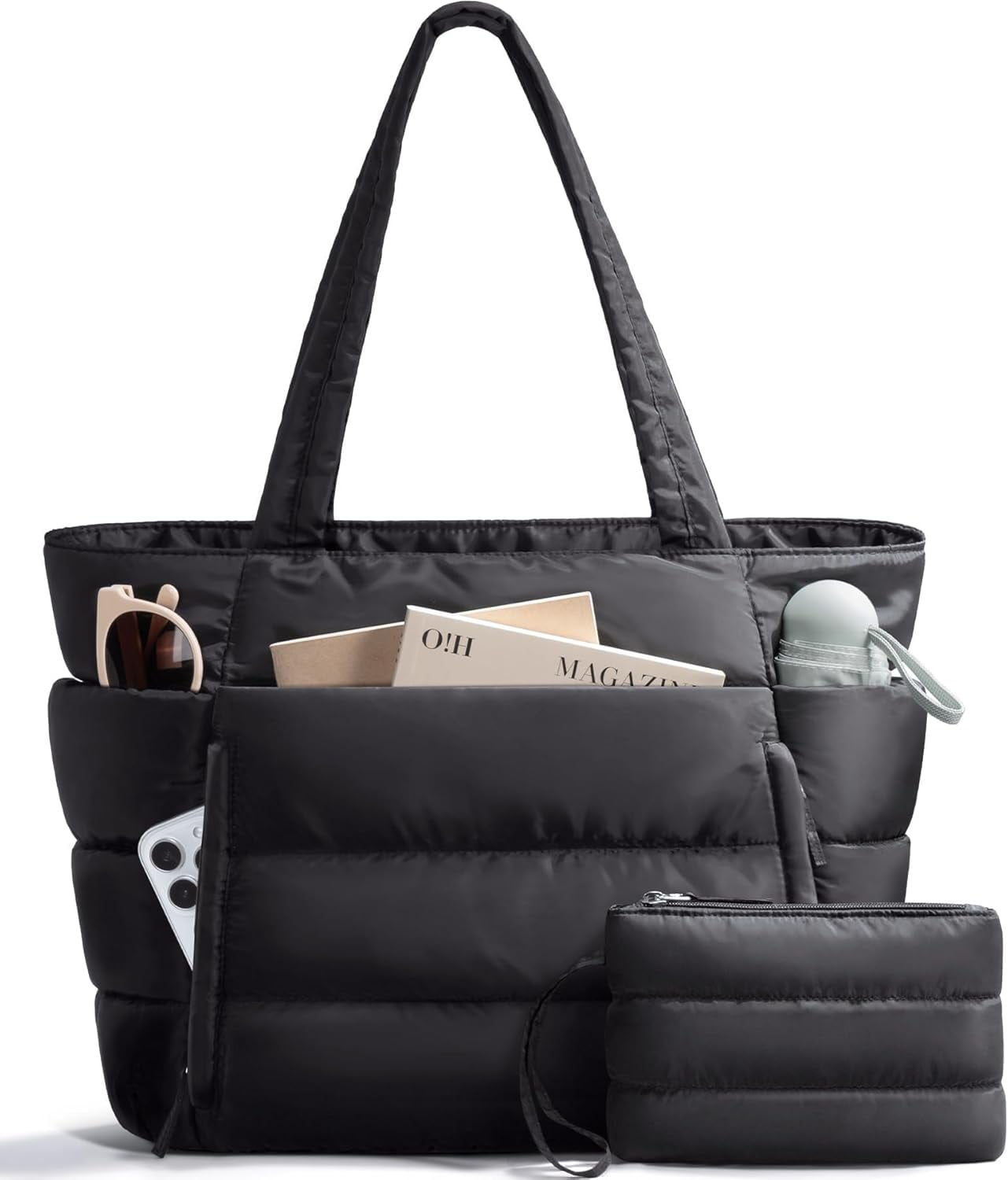 ZUTOYBOLIN Puffer Tote Bag for Women, Lightweight Puffy Work Handbag Teacher Nurse Quilted Shoulder , Daily College Bags, 15.6" Computer Bag, Clinical Nursing Bag, Ideal Gift for Women. Black