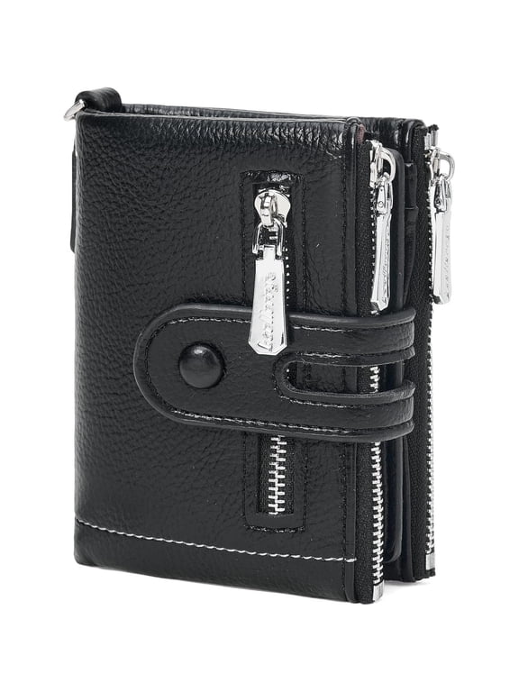 Women's Small Bifold Chain Wallet, Soft Leather Card Holder with Zipper Coin Pocket Black