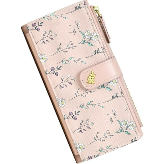 ZUTOYBOLIN Womens Wallet Leather Long Bifold Zipper Slim Flower Wallet for Women Coin Clutch Purse with ID Window Pink