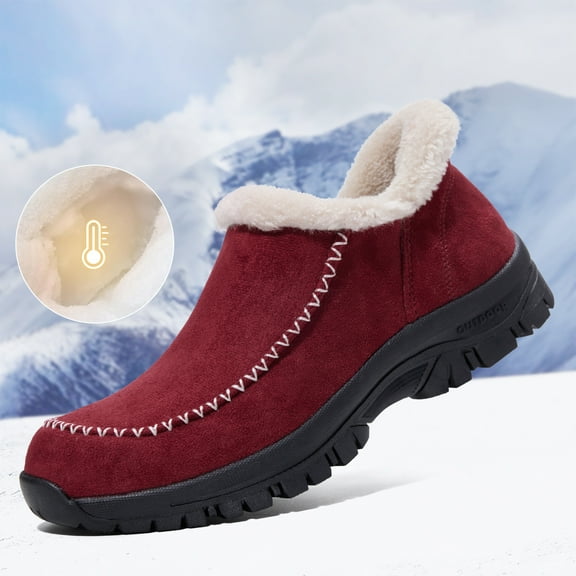 ZUTY Winter Snow Booties for Women Plush Faux Fur Lined Fuzzy Loafers Warm Comfortable Casual Walking Shoes Red 10
