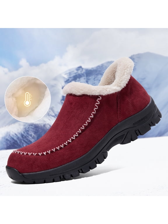 Winter Snow Booties for Women Plush Faux Fur Lined Fuzzy Loafers Warm Comfortable Casual Walking Shoes Red 8