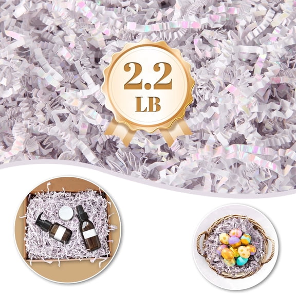 ZUVYRO 2.2 LB Crinkle Paper Filler, Iridescent Shredded Paper for Gift Baskets, Gift Wrapping Decoration, Fluffy Crinkle Paper Great for Birthday, Christmas, Wedding and All Occasions (Diamond White)
