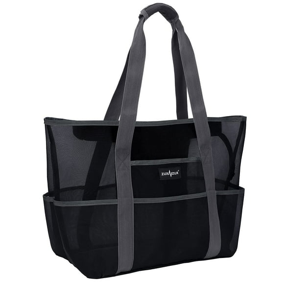 ZUXNZUX Beach Pool Bag Mesh Travel Totes, Large Nylon Mesh Bag with Zipper and 8 Pockets -Black