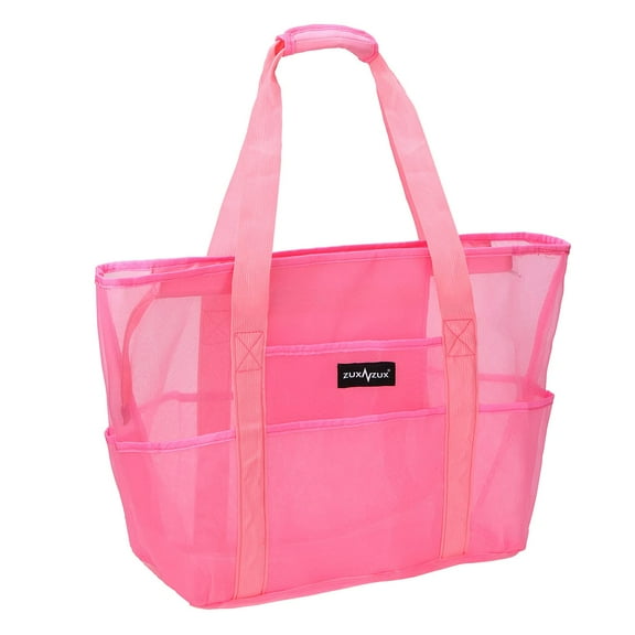ZUXNZUX Beach Pool Bag Mesh Travel Totes, Large Nylon Mesh Bag with Zipper and 8 Pockets -Pink