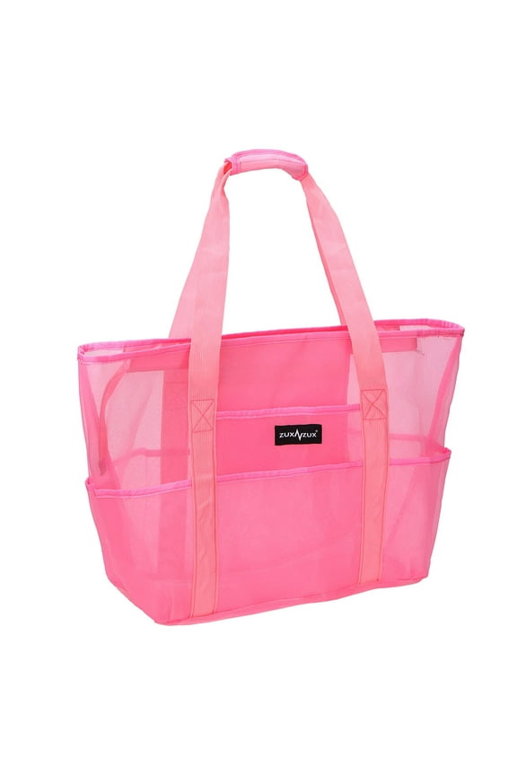 Beach Pool Bag Mesh Travel Totes, Large Nylon Mesh Bag with Zipper and 8 Pockets -Pink