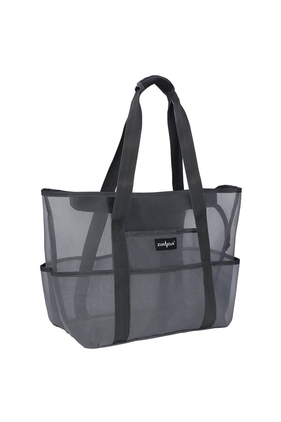 Unisex Large Nylon Mesh Beach Tote Bag with 8 Pockets, Gray