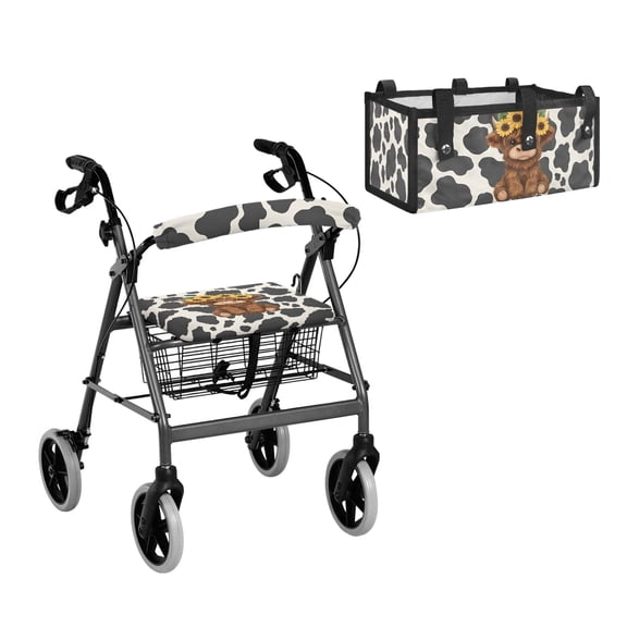 ZUXONGSY 3 Pcs Rollator Walker Seat and Backrest Cover Kit, Cow Print Highland CowDetachable Rollator Underseat Storage Bag, Lightweight Washable Walker Replacement Accessories for Seniors