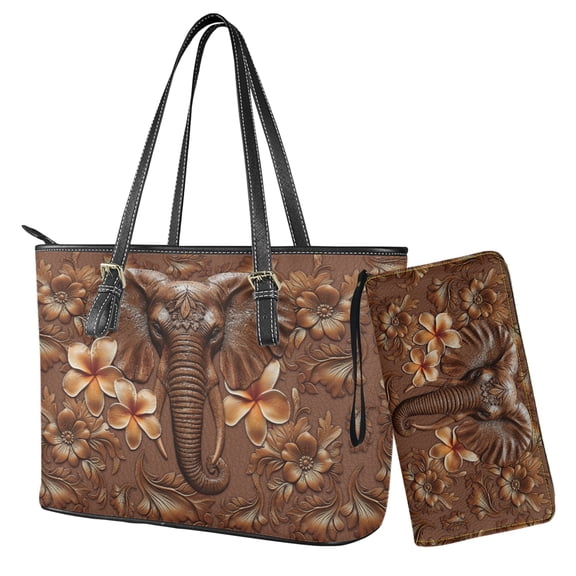 ZUXONGSY 3D Elephant Plumeria Print Large Capacity Shopping Tote for Women Waterproof Handbag and Wallet Set Handbag with Matching Wallet for Shopping Work