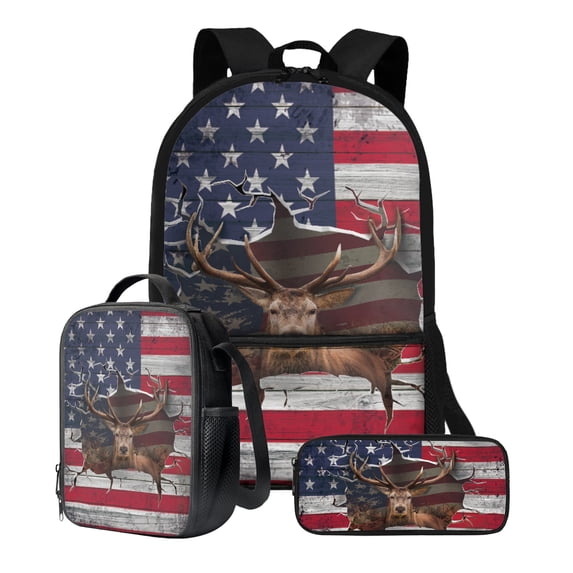 ZUXONGSY 3D Elk American Flag Print Bookbag with Lunch Box Pencil Case Set for Teen Girls Boys School Backpack Lightweight Preschool Elementary Schoolbags Rucksack Daypack, Pack of 3