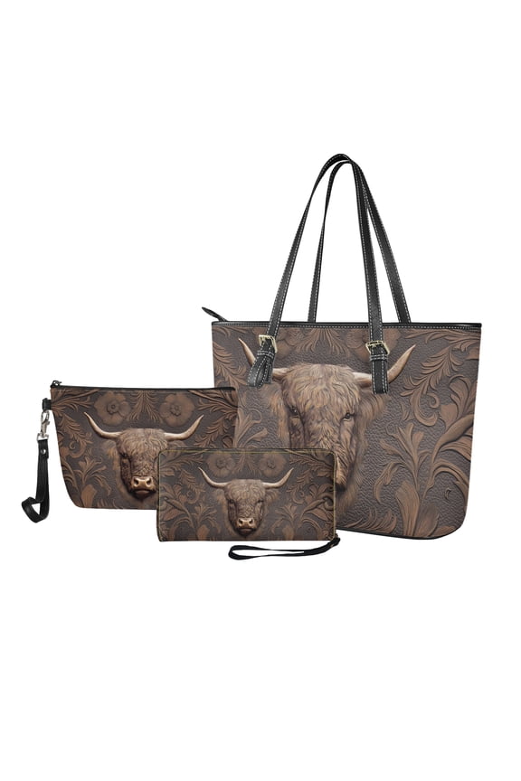 3D Highland Cow Print Handbag with Fashion Makeup Bag Purse for Women PU Leather Top Handle Satchel Set with Large Capacity Makeup Pouch Cash Wallet for Dating Shopping