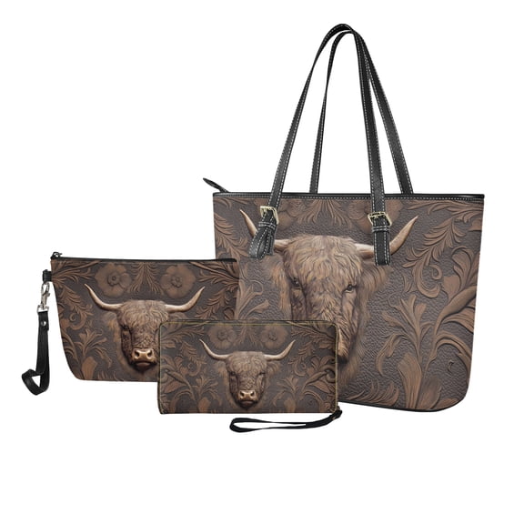 ZUXONGSY 3D Highland Cow Print Handbag with Fashion Makeup Bag Purse for Women PU Leather Top Handle Satchel Set with Large Capacity Makeup Pouch Cash Wallet for Dating Shopping