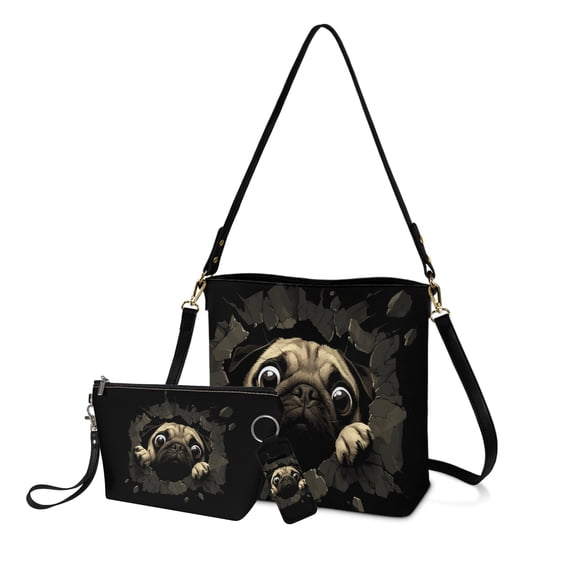 ZUXONGSY 3D Pug Dog Print Top-Handle Handbags with Zippered Compartments & Matching Cosmetic Bags, Includes Clip-On Lip Balm Holster, Practical 3-Piece Set for Women