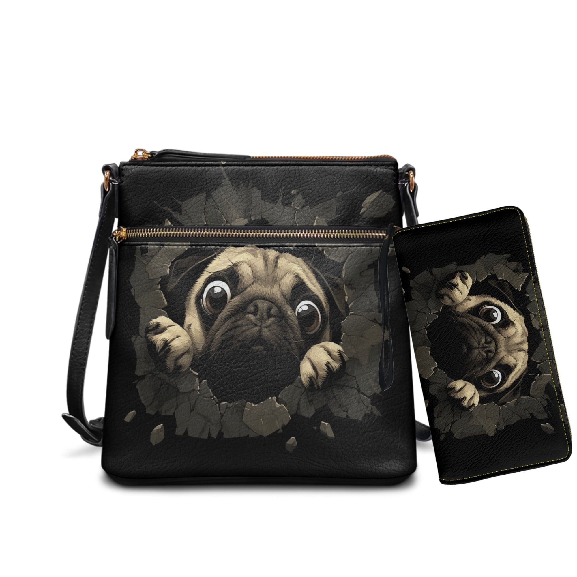ZUXONGSY 3D Pug Dog Print Women's Multi-Functional Messenger Set - Large Hobo Bag with Wallet, Lightweight Crossbody Purse Set Waterproof for Vacation Shopping