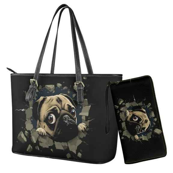 ZUXONGSY 3D Pug Print Handbag and Wallet Sets for Women Top Handle Totes with Matching Wallet Leather Shoulder Handbag Clutch Purse for Women Ladies