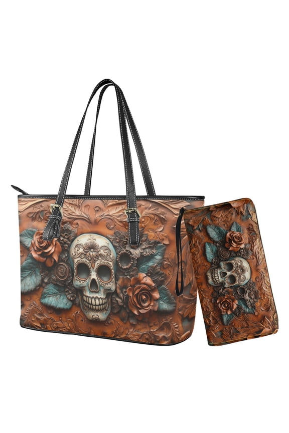 3D Skull Rose Print Hobo Handbag for Women Large Capacity Purse and Wallet Set Lightweight Shoulder Bag for Shopping Work