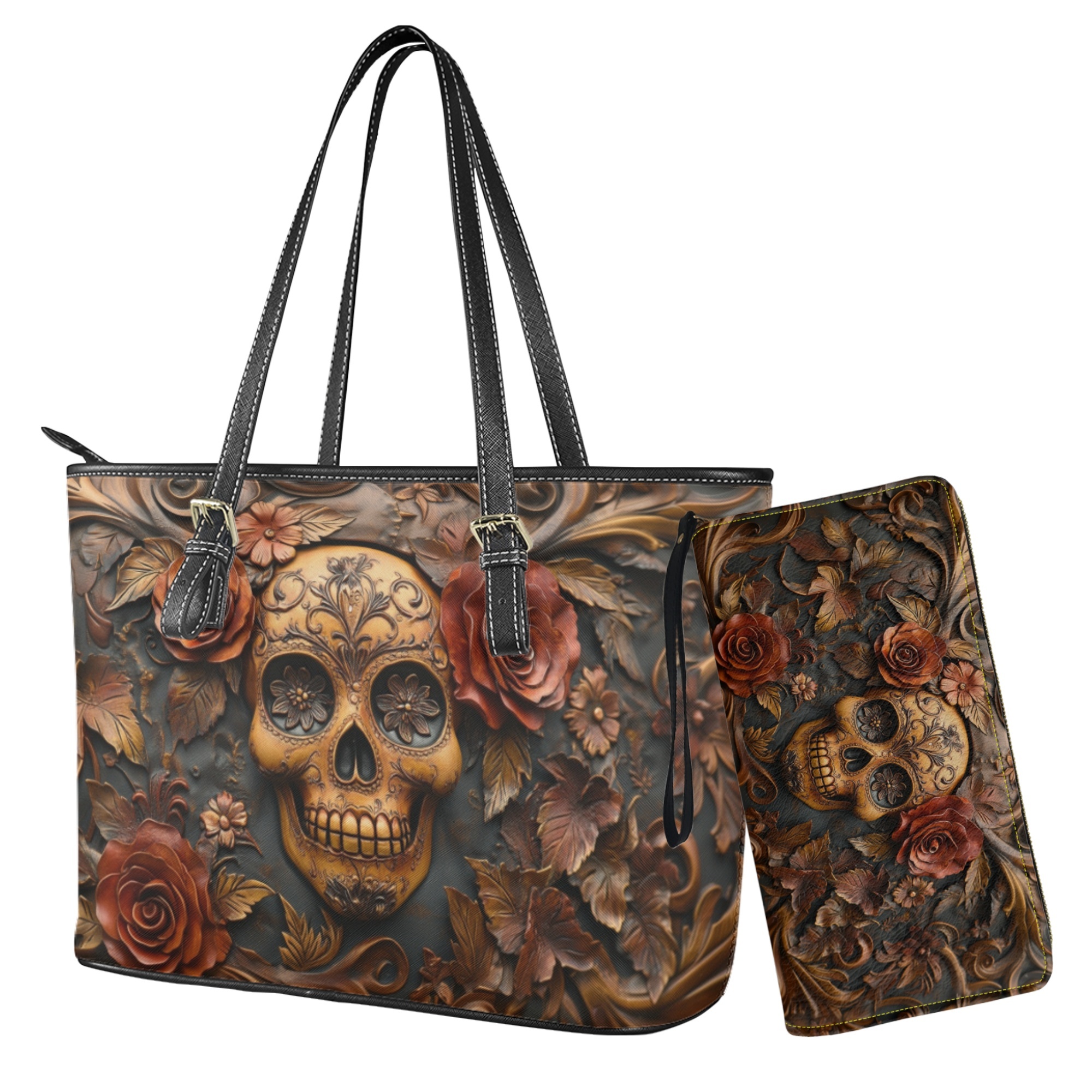 ZUXONGSY 3D Skull Rose Print Purses for Women Waterproof Handbag with Matching Wallet Set Leather Shoulder Bag Tote Satchel with Purse for Ladies Shopping
