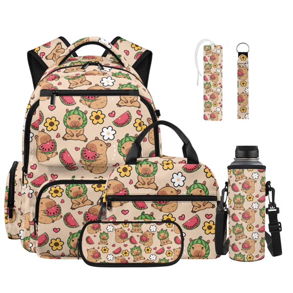 ZUXONGSY 6 in 1 Capybara Watermelon Print Kids Backpack Set with Lunch Box Pencil Case Water Bottle Carrier Keychain Bookmark, Lightweight School Bookbag for Boys Girls Elementary Middle School