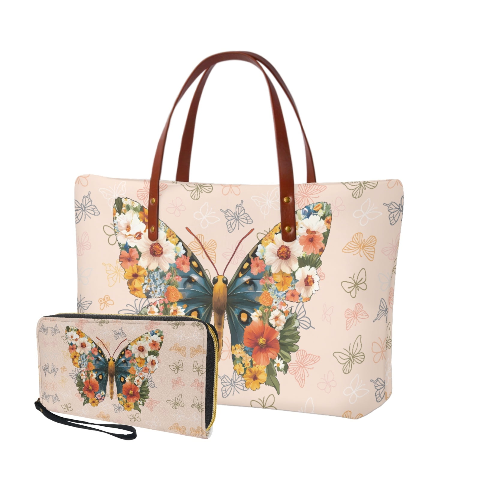 ZUXONGSY Abstract Butterfly Tropical Floral Print Top Handle Satchel Purses Set of 2 for Women Large Tote Bag Satchel Handbags with PU Cash Wallet for Hiking Shopping