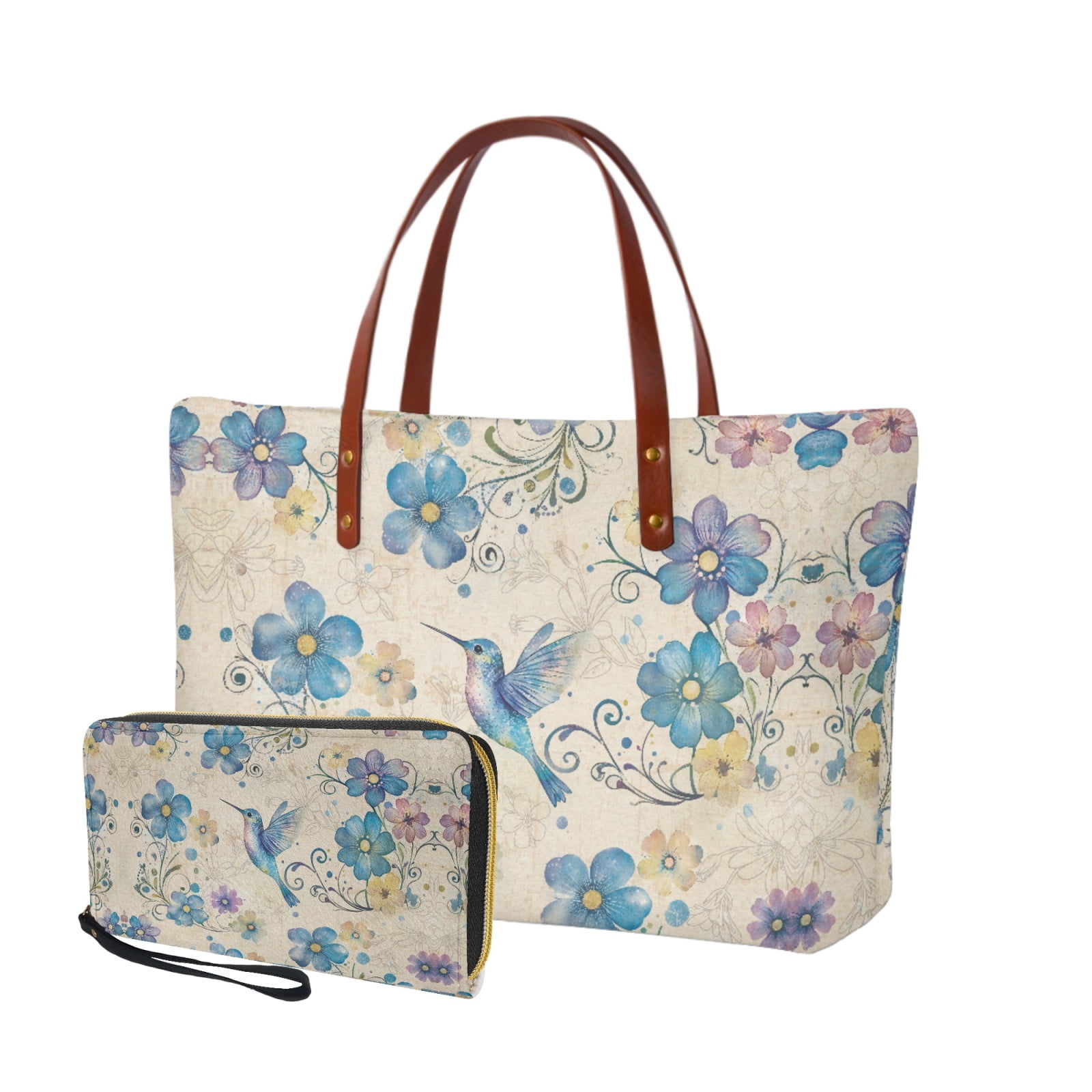ZUXONGSY Abstract Hummingbird Floral Print Purse and Wallet Set of 2 for Women Portable Satchel Handbags Large Capacity Shoulder Bag Work Bag Money Organizers for Outings Shopping