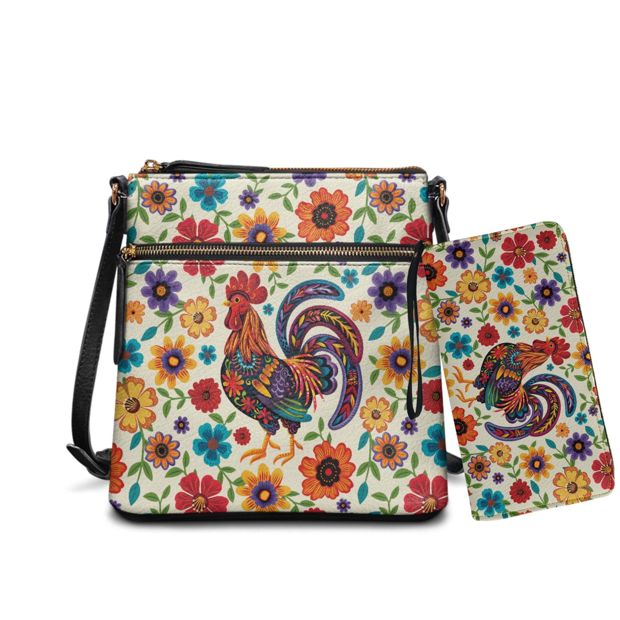 ZUXONGSY Abstract Rooster Daisy Flower Print Leather Crossbody Purse Wallet Set for Women, Multi Pockets Satchel Purse Medium Size Zipper Shoulder Hobo Bag with PU Leather Wallet