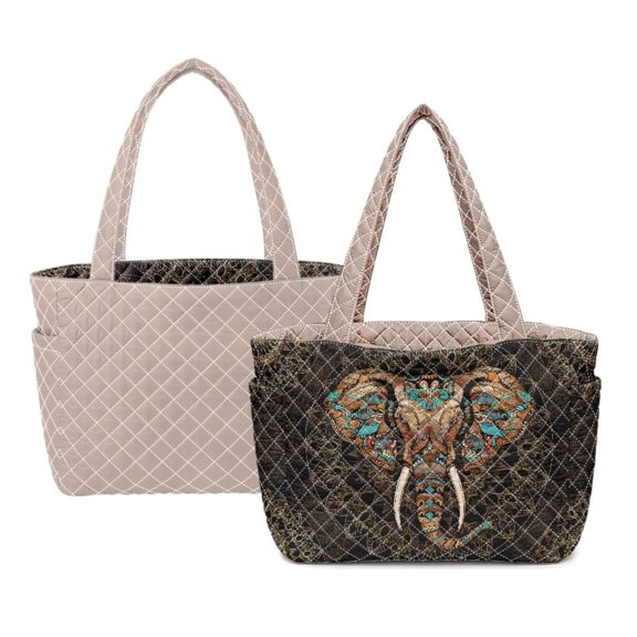 ZUXONGSY African Tribal Elephant Print Lightweight Reversible Top Handle Tote, Women's Quilted Handbag with Multi-Pocket, Large Capacity Satchel Shoulder Bag for Work, Camel