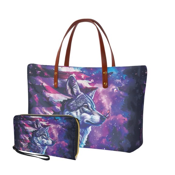 ZUXONGSY American Flag Galaxy Wolf Print 2 Pack Handbags and Purses Set for Women Casual Top Handle Bag Satchel Handbags Handle Satchel Multifunctional Wallet for Vacation Shopping