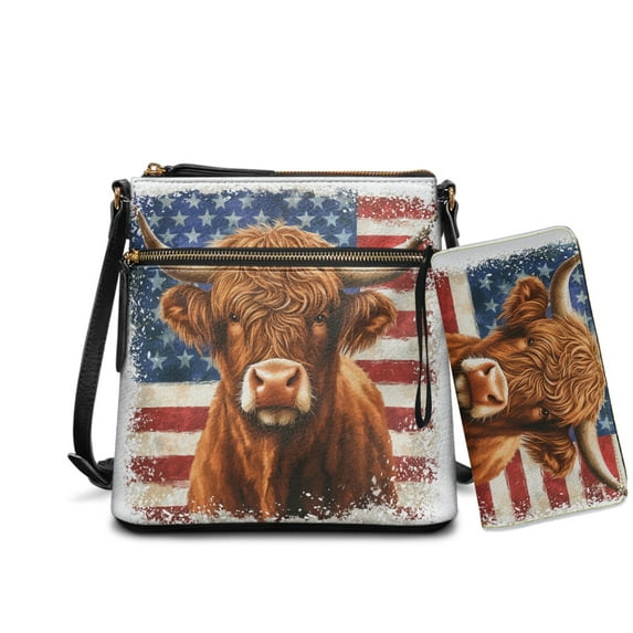 ZUXONGSY American Flag Highland Cow Print Women's PU Leather Crossbody Bag and Wallet Set, Trendy Multi-Pocket Hobo Purse with Adjustable Strap for Work & Travel