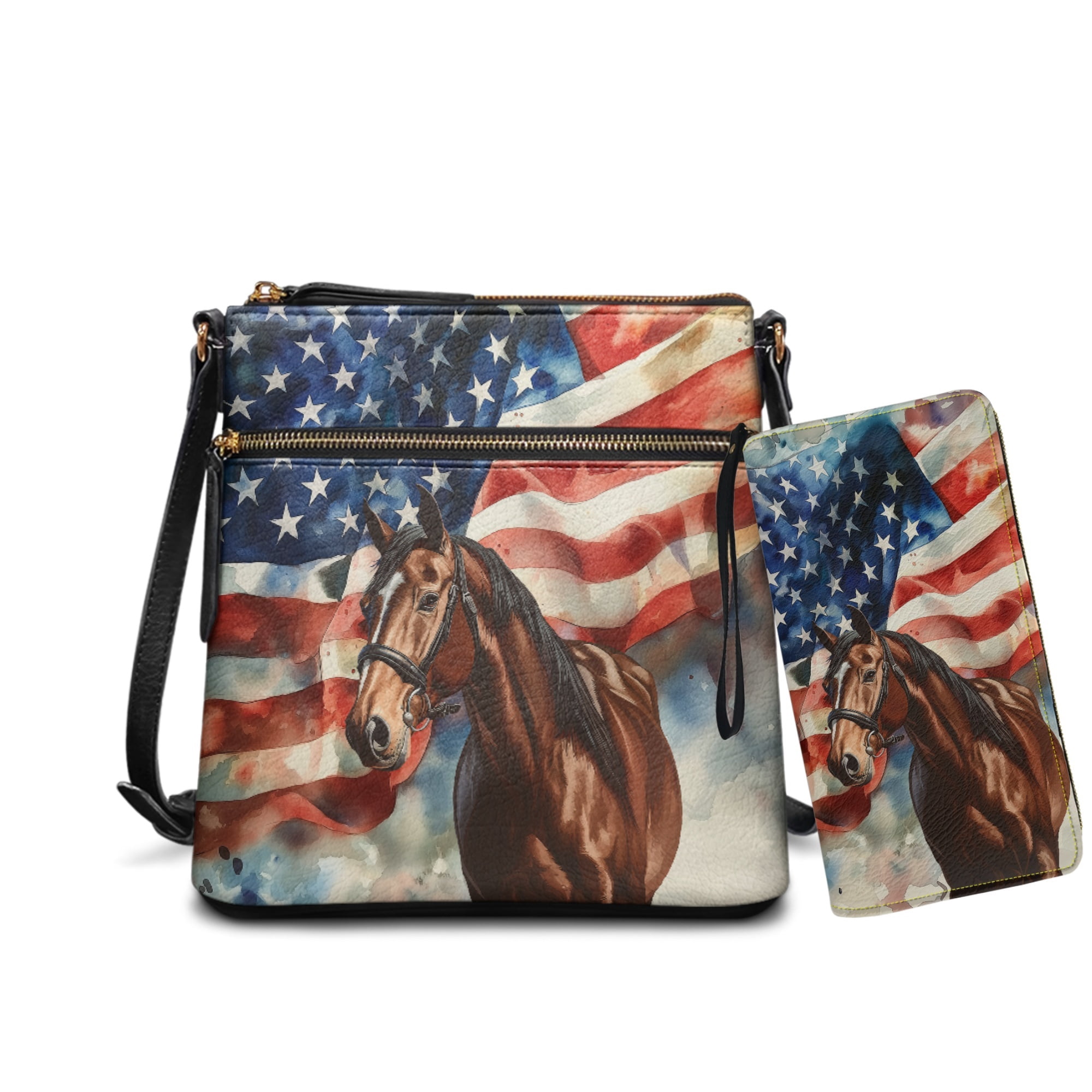 ZUXONGSY American Flag Horse Print Women's PU Leather Crossbody