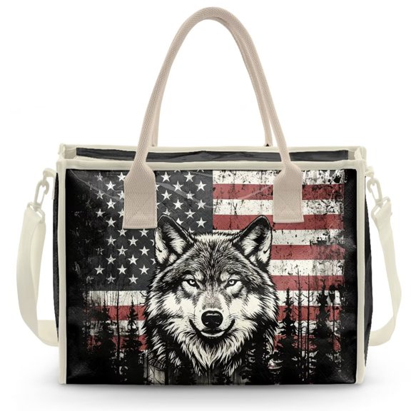 ZUXONGSY American Flag Wolf Forest Print Women's Clear PVC Large Shoulder Tote, Lightweight Oversize Handbag, Weekender Travel Purse with Top Handle