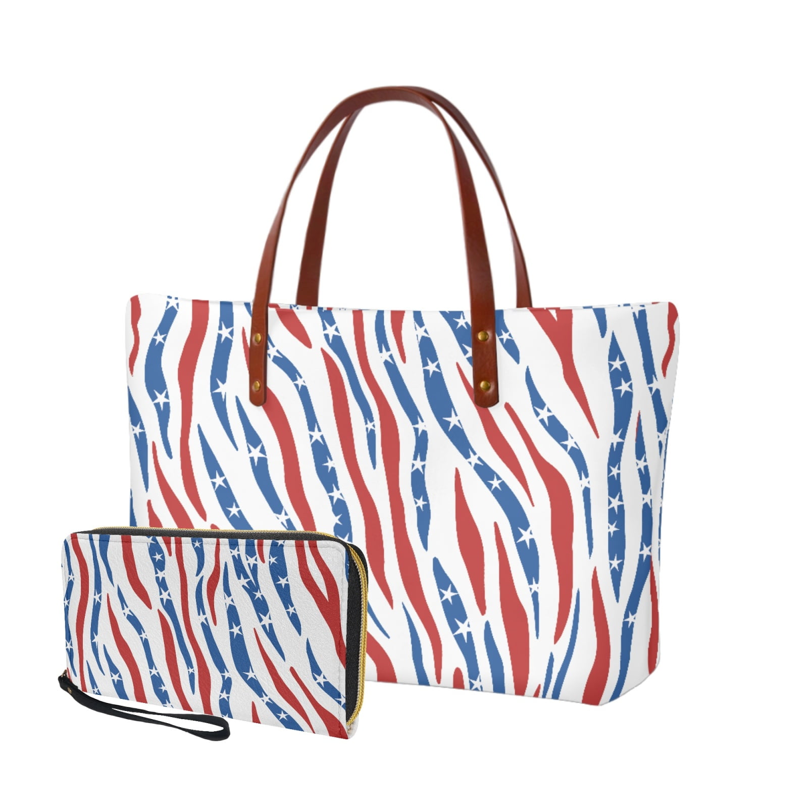 ZUXONGSY American Flag Zebra Stripe Print Purse and Wallet Set of 2 for Ladies Girls Waterproof Top Handle Satchel Work Bag Shoulder Bag PU Wallet with Handle for Excursions Vacation